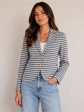 Calvin Klein Striped Blazer Size 2 Blue White Nautical Button Tailored Jacket